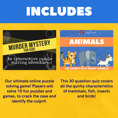 Includes murder mystery for kids and animals