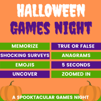 Halloween games night: memorise, true or false, shocking surveys, anagrams, emojis, 5 seconds, uncover, zoomed in